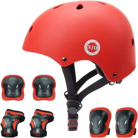 ヘルメット こども用 キッズプロテクターセット 調節可能 巾着袋付き S:48～54cm( レッド, S:48～54cm)