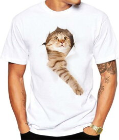 Tシャツ 猫 おもしろ トリックアート カジュアル シンプル ブラウンネコ (M, NO.1)