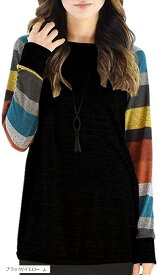 長袖 ボーダー スリーブ ニット チュニック トップス プルオーバー レディース オシャレ カワイイ かわいい 可愛い 大人用 レデイース 春服 (ブラック/イエロー, L)