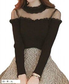 トーアソーア カットソー レディース 長袖 トップス 無地 おしゃれ 薄手 かわいい セクシー 肩 韓国 春 夏 秋 冬 きれいめ ハイネック レース オフショルダー tシャツ 09 - 黒 XL (09 - 黒 - XL, XL)