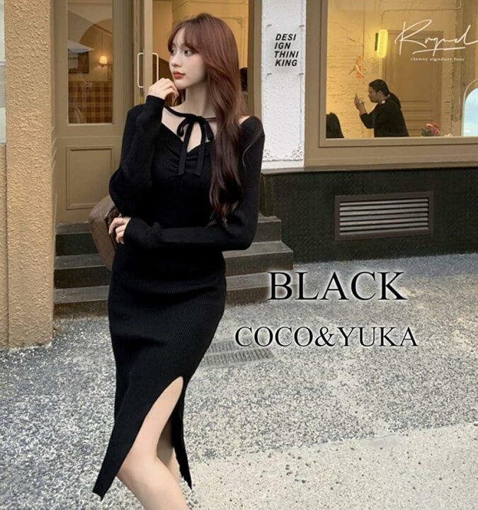 楽天市場 フェミニン リボン 胸 開き オフショルダー タイト ワンピース ひざ丈 リブ ニット ロング スリット 長袖 セクシー レディース ブラック M Ohstore