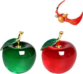 【クローブキューブ】 りんご ガラス オブジェ ペア 2色 セット 風水 インテリア 水晶 開運 瓢箪ストラップ付き (緑×赤)