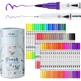 【ポイント10倍★マラソン期間限定】【Ohuhu公式】 Ohuhu アートマーカーペン 60色 筆先 水彩ペン 水性 ふでタイプ ふで・極細 ブラッシュ 鮮やか イラスト 手帳 絵手紙 色塗り 塗り絵 カード 収納ケース付き