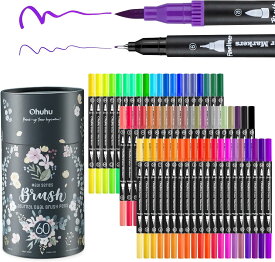 【ポイント10倍★マラソン期間限定】Ohuhu アートマーカーペン 60色セット 筆タイプ 水彩ペン 水性 極細 ブラッシュ イラスト 手帳 絵手紙 色塗り 塗り絵 カード 収納ケース付き 学生 プレゼント レビューキャンペーン