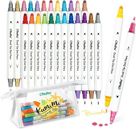 Ohuhuドットペン24色 筆・細字・ドット 3種類のペン先 メタリック 基本色 パステルカラー ドット カラーペン 水性ペン お絵かきセット DIY メモ 塗り絵 落書き 収納ケース付き