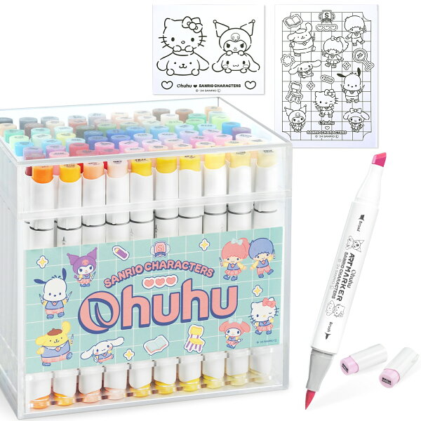【54%OFF★楽天スーパーSALE】Ohuhu サンリオキャラクターズ コラボ 限定 イラストマーカー 筆タイプ・太字 80色 パステルカラー 薄色 プロ愛用 画材 カラーペン マーカーペン アルコール系 ブレンダーペン1本付き Honolulu シリーズ プレゼント クリスマス