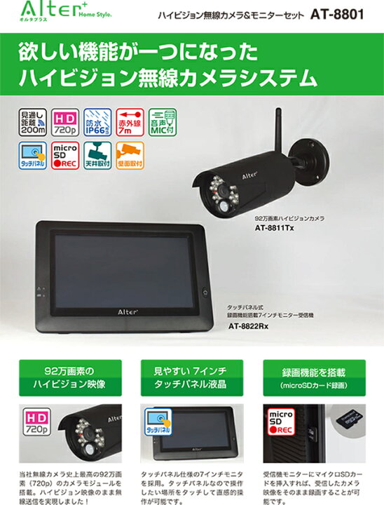 楽天市場】送料無料 ハイビジョン無線カメラ＆モニターセット AT-8801 