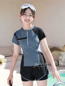 ジュニア 水着 レディース 水着 セパレート トップス 前開き 半袖 スイムパンツ 2点セット 上下セット ラッシュガード ウエストゴム 着やすい お洒落 160cm 165cm 170cm シンプル スポーティー 中