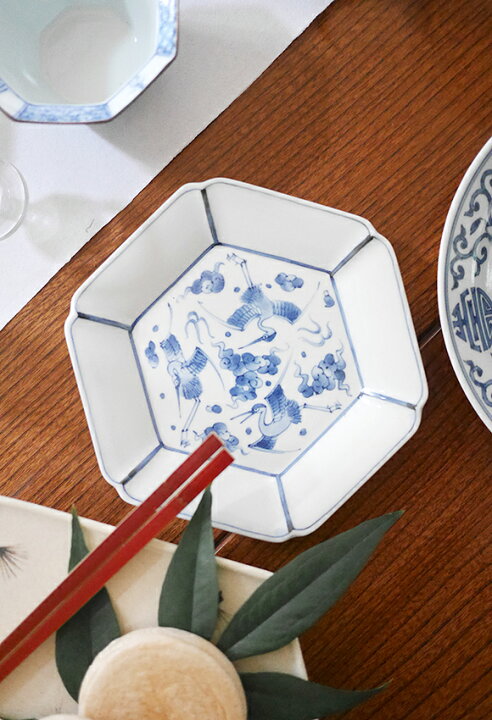 楽天市場】古代釉染付鶴絵 六角皿 : TABLE ＆ STYLE