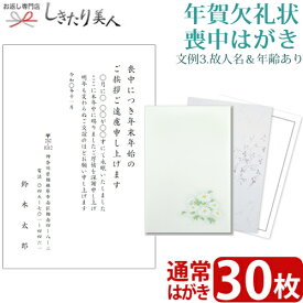 【送料無料 メール便】【文例3・故人名＆年齢あり】年賀欠礼状 喪中はがき 30枚 type3-ketsurei30 |私製葉書 名入れ印刷 テンプレート 白菊 紫花 無地 挨拶状 欠礼はがき ご案内状 宛名 喪中ハガキ 葉書 案内状印刷 ネット注文 年賀状辞退