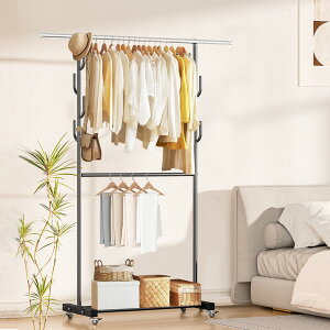 VICERII ハンガーラック 多機能収納 おしゃれ 洋服ラック 衣類収納 頑丈 防サビ キャスター付き 洋服掛け (ブラック, 二重式)