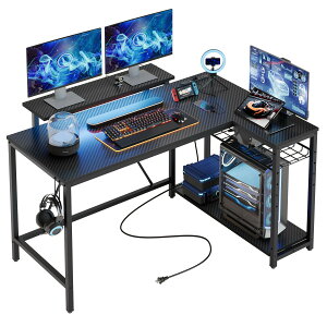 Bestier ゲーミングデスク 幅122cm コンセント付き L字デスク パソコンデスク L字型 机 pcデスク 収納ラック付き コーナーデスク LEDラ イト付き 棚板高さ調節可能 モニター台付き オフィスデスク