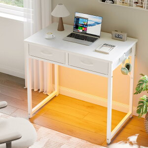Pinmoco デスク 机 pcデスク 幅80cm パソコンデスク 引き出し/フック付き ゲーミングデスク LEDライト付き 勉強机 シンプルデスク ?子 小さい 省スペース 組立簡単 一人暮らし 白い