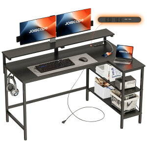 JOISCOPE パソコンデスク 机 - 140×50~78cmのl字型デスク、モニタースタンドのpcデスク机、2USB+2AC電源コンセント付き、2棚、1鉄のフック、ための勉強用デスク、オフィスデスク 在宅勤務、ホーム