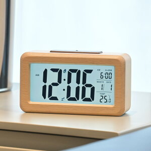 デジタル目覚まし時計 電池式 木製置き時計 温度検出電子時計 持ち運びが容易、寝室、ベッドサイドテーブル、机、オフィス、子供、家族に適しています(ベージュ)