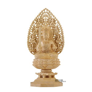 仏像 文殊菩薩 仏壇仏像 置物 桧木製 木彫り 飛天光背 蓮華台座 十二干支 癸年卯年 お守り本尊 祈る 厄除け 繁樓藝雕(高さ28cm×巾12cm×奥行12cm) (原木)