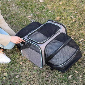 ペットキャリー メッシュ 通気 拡張 折りたたみ式 ハンドバッグ 猫 犬 ポータブル 多用途 バックパック グレー ツートンカラー ソフト
