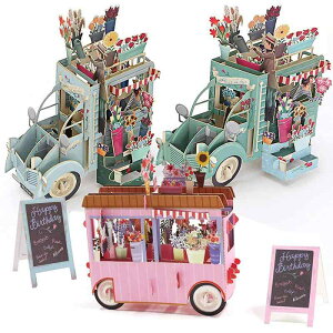 moin moin メッセージ カード バースデー メッセージ カード グリーディング 360 度 飛び出す 切り絵 芸術 綺麗 立体 3D アンティーク な 移動販売車 の花屋 さん 看板 (立体カード + 封筒 × 2つセ