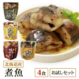 【メール便 / 送料無料】北海道産 煮魚 4食 祭のおかずや お試し 兼由レトルトセット さんま(味噌煮) ほっけ(バジル) さば(味噌煮) いわし(味噌煮) グルメ