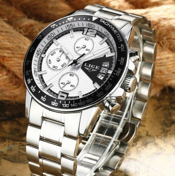 LIGE メンズ腕時計 クロノグラフ 防水 高級ステンレス メンズ 高級ステンレス時計 海外輸入 高級 30M防水 シルバーホワイト 毎週更新 腕時計 ビジネス時計
