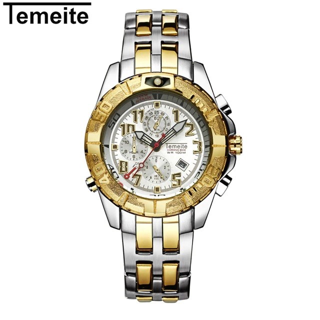 TEMEITE メンズ 腕時計 クロノグラフ 楽天市場 ステンレススチール メンズ腕時計 防水 人気メーカー・ブランド クォーツ ゴールドホワイト スポーツ 海外トップブランド