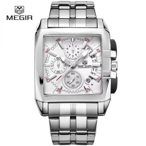 豊富な品 MEGIR メンズ 腕時計 スクエア ホワイト カレンダー クロノグラフ 本日限定 ストップウォッチ