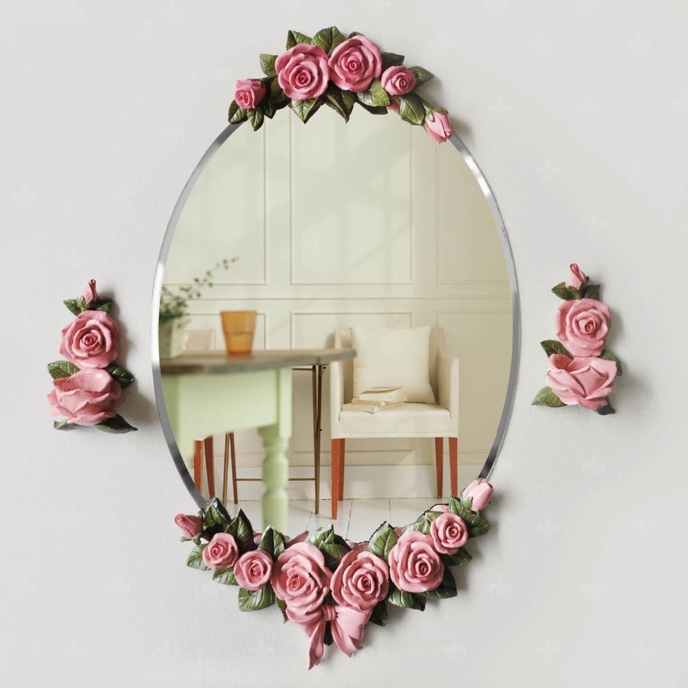 バスミラー 薔薇 バラ 大型 アンティーク風 浴室用 鏡 花 おしゃれ 人気上昇中 オーバル 壁掛けウォールミラー ピンク 豪華 バロック ロココ 営業