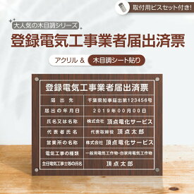 登録電気工事業者届出済票【木目調風】お洒落なレトロブラウン柄 W450mm×H350mm 許可票 看板 宅建業者票 不動産看板 標識 店舗 事務所用看板 文字入れ 名入れ 別注品 特注品 看板 法定看板gs-pl-todoke-wood