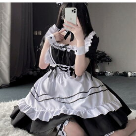 メイド服 コスプレ 8点セット 仮装 衣装 フリル ロリータ メイドコスプレ ハロウィン コスチューム かわいい カチューチャ付き フルセット アニメ 大人 可愛い 膝丈 ゴスロリ イベント 結婚式 文化祭