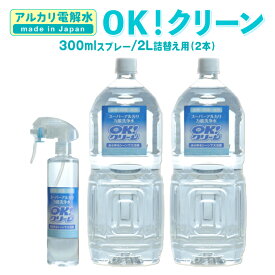 強アルカリ電解水 OK！クリーン洗剤 マルチクリーナー 日本製大掃除 油汚れに最適 洗浄 除菌 消臭手に優しく環境に優しい泡が出ない洗剤［300mlスプレー付 1本　2L詰替え用 2本］