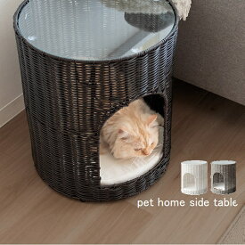 サイドテーブルベッド ラタン調 おしゃれ ソファ-サイド ベッドサイド ペットソファ テーブル 猫ちぐら 猫 ねこ の 家 いえ ペットハウス 丸テーブル 丸型 円形 クッション付き キャットベッド ペットベッド キャットハウス ねこ ネコ 北欧家具 おしゃれ