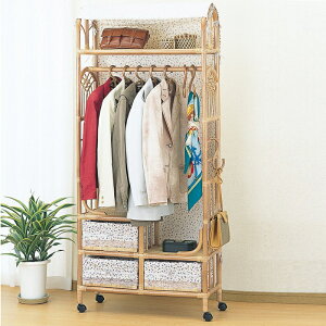 ハンガーラック 籐 ラタン ラック 上棚付き ワイドハンガー カバー付き 収納ラック 棚 籐ハンガー かわいい おしゃれ 引き出し 収納 キャスター付き 幅75cm アジアン 衣類収納北欧 カバー付き