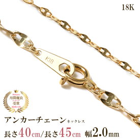 アンカーチェーン ネックレス チェーン だけ 40cm 45cm 幅2.0mm ゴールド 金 K18 18金 18K 刻印あり イエローゴールド つけっぱなし シンプル 貴金属 アレルギー フリー 交換 地金 アンカー マリン マリーナチェーン チェーンのみ