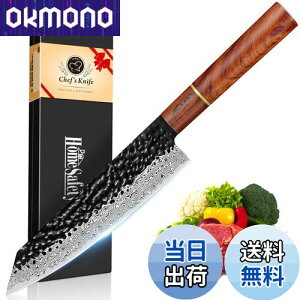 HomeSafety 包丁 剣型(切付型)牛刀包丁 ダマスカス包丁 刃渡り210mm. プロ用三徳, キッチン用万能. 手打ち鍛造キッチンナイフ, 槌目 ダマスカス模様 両刃 左利き用, 錆びにくい67層の高炭素ステ