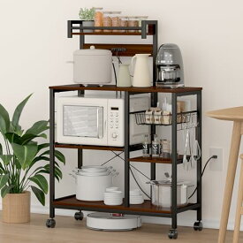 【送料無料】LunarLight キッチンベイカーラック 幅90奥行39高さ133.5cm キッチンラック レンジラック オープンラック プリンタ台 2口コンセント付き レールでスライド式棚板 耐荷重100kg レンジ炊飯器など対応 Sフック ストッパーキャスターとアジャスト2種類付き 耐震