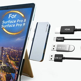 Microsoft Surface Pro 9 & Surface Pro 8 ハブドッキングステーション、4K HDMIアダプター、Type-C PD充電、USB 3.0 & USB 2.0、サーフェス Pro 8 変換ドッグ、4 in 2 アルミニウム サーフェス Pro 9 & Pro 8 専用 ハブ