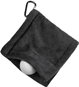 ゴルフ タオル ゴルフボールクリーナー ゴルフ用清潔具 カラビナと 便利 防水 キーホルダーバックル 14*14cm(ブラック)ゴルフボールクリーニングタオル