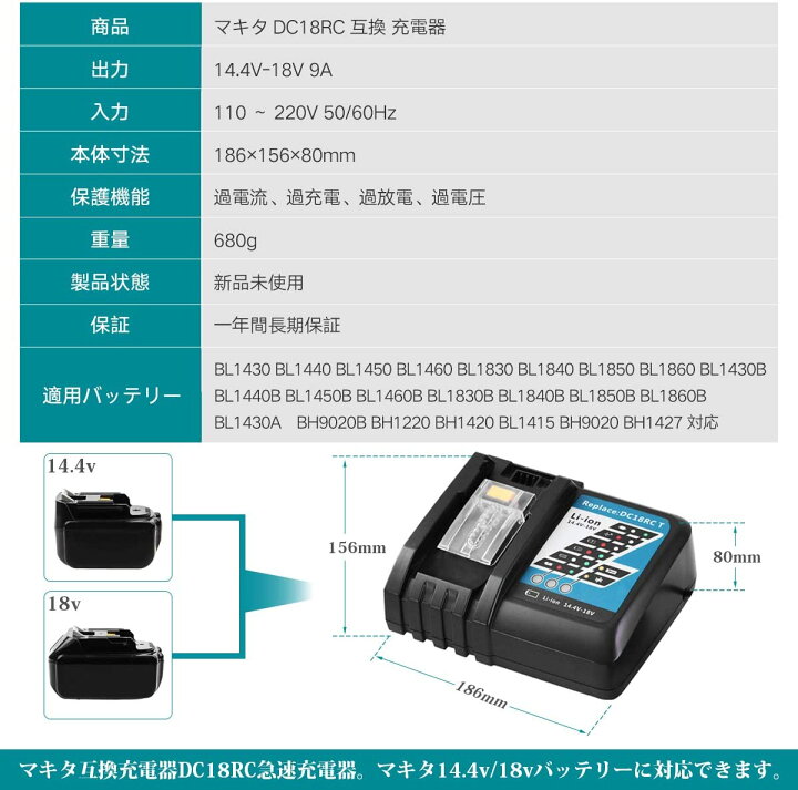楽天市場】BL1890B 互換品 マキタ 18vバッテリー 4個付き マキタ互換 DC18RC急速充電器セット 大容量9.0ah BL1860 BL1830 BL1840 BL1850 BL1830b BL1840b BL1850b BL1860b対応 LED残量表示 電動工具用battery 最大一年間保証可能 送料無料 : 太陽商事 楽天市場】BL1890B 互換品 マキタ 18vバッテリー 4個付き マキタ互換 DC18RC急速充電器セット 大容量9.0ah BL1860 BL1830 BL1840 BL1850 BL1830b BL1840b BL1850b BL1860b対応 LED残量表示 電動工具用battery 最大一年間保証可能 送料無料 : 太陽商事