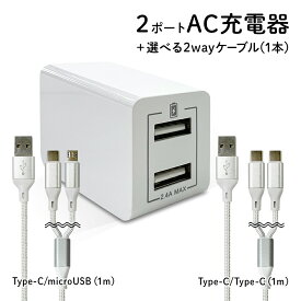 アウトレット 送料無料 月間優良ショップ 2ポートAC充電器＋1m充電専用二股ケーブルのセット 合計最大出力2.4A ecg319843 おしゃれ ホワイト 簡易包装 ゆうパケット用箱 USB-C タイプC Cタイプ