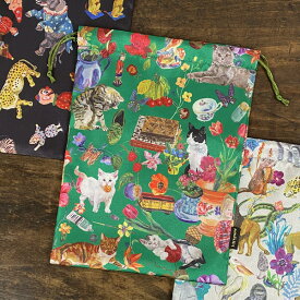 ナタリーレテ サテン ドローストリングポーチ【巾着袋 巾着バッグ 小物入れ 可愛い 猫グッズ 柄 雑貨 プレゼント 女性 おしゃれ 日用品 ねこグッズ 猫雑貨 うさぎ かわいい 可愛い 布 モチーフ ギフト 猫の小物 好き】