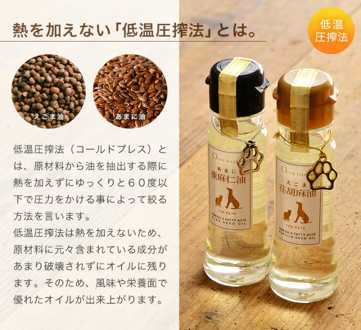 楽天市場 ペット用 えごま油 あまに油 50ml 4瓶 各2 巾着袋入り 荏胡麻油 亜麻仁油 エゴマ油 アマニ油 ペット 犬 猫 国内搾油 オメガ3 A リノレン酸 低温圧搾法 無添加 Dha Epa スーパーフード 健康オイル ギフト Olive Island オリーブアイランド Olive Island