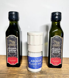 ギリシャ産の本物のオリーブオイルの小ビン（120ml）x2本 エーゲ海の塩 x1本 セット お歳暮 御歳暮 ギフト オリーブオイルギフト 調味料セット 調味料 天然塩 クリスタルソルト ミニボトル オリーブオイルセット オリーブオイル 有機 ギリシャ 調味料 高級調味料 エーゲ海