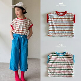 【即納品】 Hei ヘイ 25夏物 新作 配色ダンガラTシャツ 韓国こども服 韓国キッズ服 キッズサイズ 可愛い 女の子 オシャレ