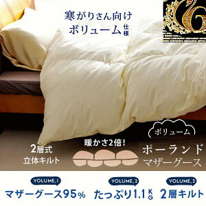 羽毛布団 2層式 プレミアムゴールドラベル ポーランド産 ホワイトマザーグースダウン95%2層式 シングルサイズ マザーグース 超長綿 80サテン ツインキルト 1.1kg入り