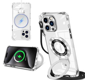 iPhone 16 Pro Max 用 ケース クリア MagSafe対応 リング付き ネック ショルダー アイフォン16 promax 縄掛けケース 透明 肩掛け 斜めかけ 韓国 可愛い 縄掛け カバー 丸型スタンド付き マグネット搭載