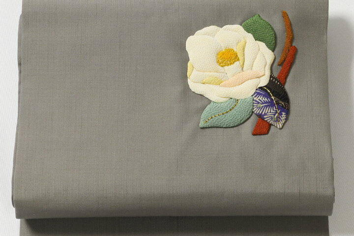 楽天市場】名古屋帯 反物 正絹 しゃれ帯 椿 押絵 グレー 帯 刺しゅう 