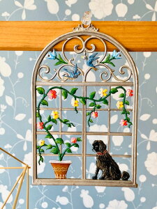 錫　飾り　ウィルヘルム・シュヴァイツアー　壁掛け　窓型　ウィンドーのいぬと花　ドイツ製