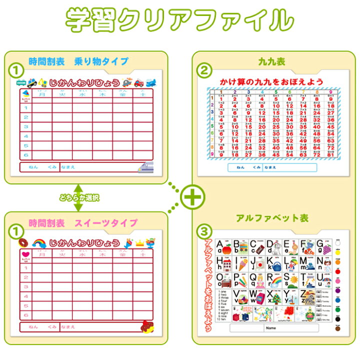 楽天市場 学習クリアファイル 3枚セット入園 入学祝いに喜ばれる お勉強ができる アルファベット 九九表 時間割 学校 クリアホルダー おなまえグッズワールド