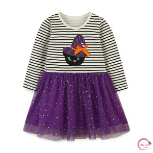 ハロウィン コスプレ 衣装 かぼちゃ ボーダー 長袖ワンピース ベビー キッズ 子供服 女の子 長袖 ワンピース 切り替え チュールスカート 子供ドレス コスチューム ハロウィン 衣装 キッズ ワ