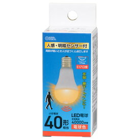 オーム(OHM) LED電球小形 E17 40形相当 人感明暗センサー付 電球色｜オーム電機 LDA4L-G/E17 PIR 06-5696